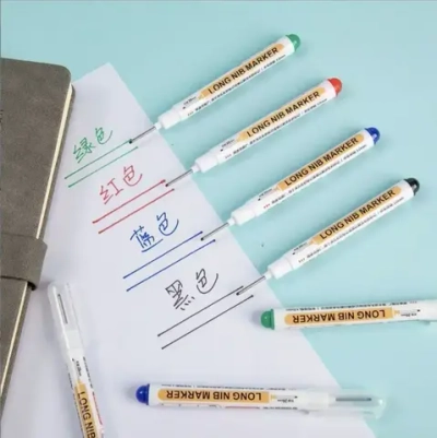 Маркер строительный тонкий разметочный с длинным наконечником / 5 шт (черный, красный, зеленый, синий, белый) / Маркеры строительные набор для разметки по металлу, дереву, стеклу, ткани перманентный