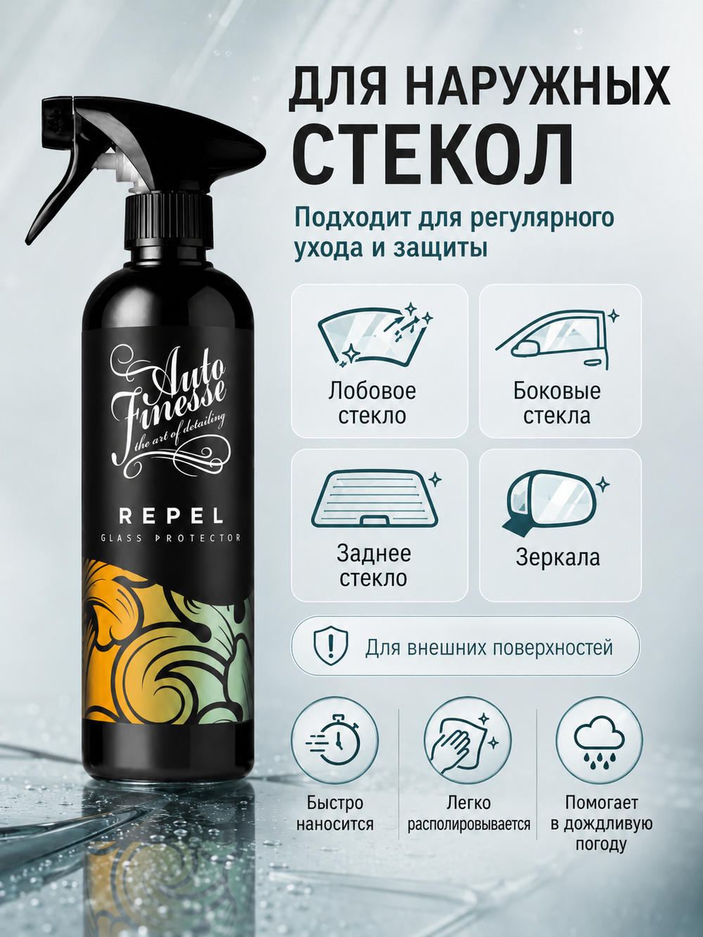 Auto Finesse Очиститель стекол с гидрофобным эффектом Repel, 500мл