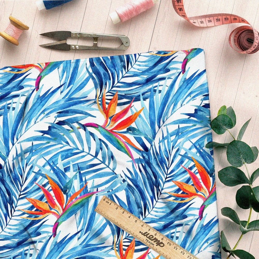 Ткань бифлекс синие раскидистые листья с оранжевыми