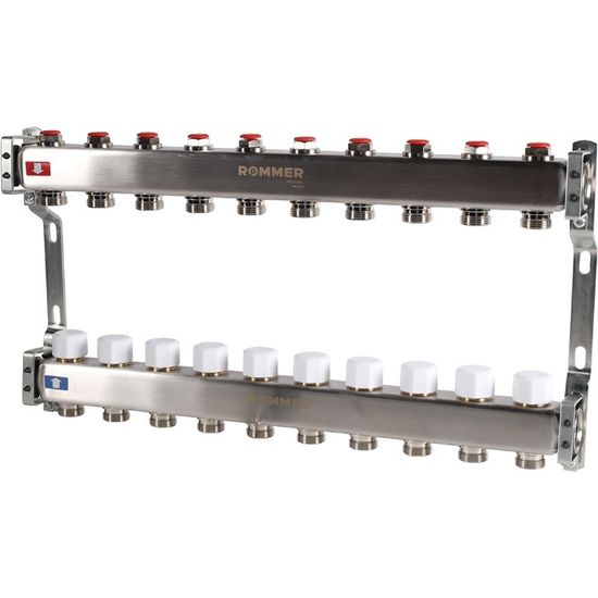 Коллектор Rommer 1"x3/4" на 10 контуров с запорными клапанами (нерж. сталь) RMS-3200-000010