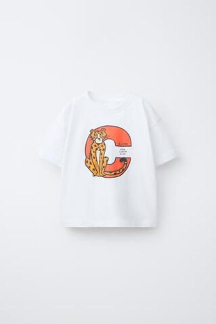 ZARA ФУТБОЛКА С АНИМАЛИСТИЧЕСКИМ ПРИНТОМ, БЕЛЫЙ