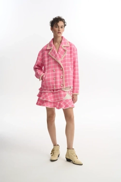 Ярусная мини-юбка из розового твида