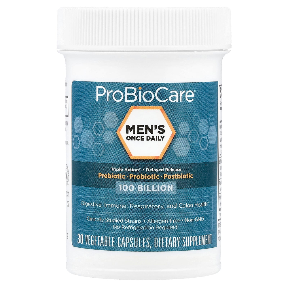 ProBioCare, Men's Once Daily, пребиотик, пробиотик, постбиотик, 100 млрд, 30 растительных капсул