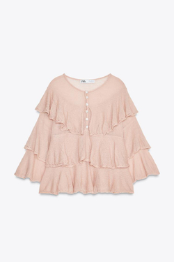 ZARA ТРИКОТАЖНЫЙ СВИТЕР С ВОЛАНАМИ, РОЗОВАТЫЙ