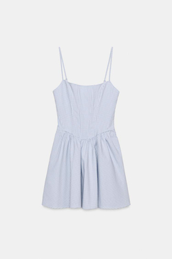 ZARA ПЛАТЬЕ-КОРСЕТ В КЛЕТКУ ВИШИ С ОБЪЕМНОЙ ЮБКОЙ, СИНИЙ/БЕЛЫЙ