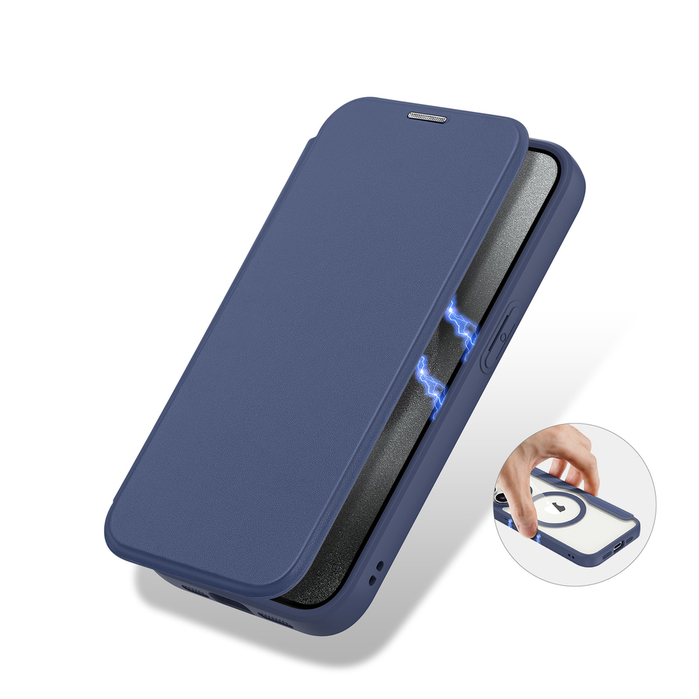 Прозрачный чехол книжка синего цвета с поддержкой MagSafe от Dux Ducis для iPhone 15 Pro, серия Skin X Pro Series Case