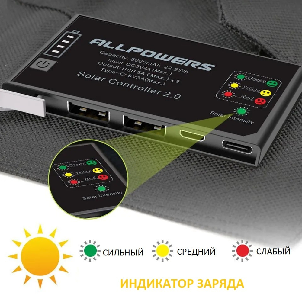 Портативная солнечная панель Allpowers 15 Вт с аккумулятором 10 000 мА*ч (Q0102)