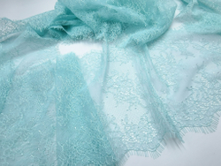 Кружево шантильи, ОПТ, с ресничками, светлая бирюза, 23 см, купон, SK-2404