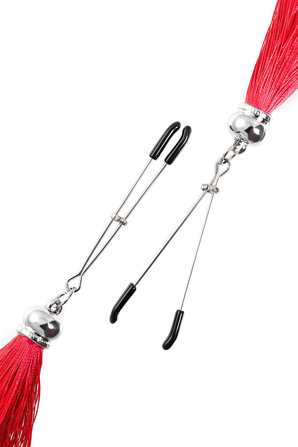 Зажимы на соски «Вилки» с красными кисточками из шелка (Цвет: красный)