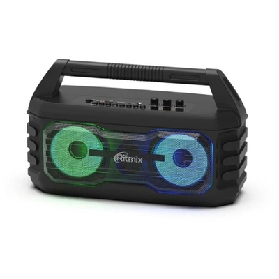 Колонки RITMIX SP-610B black (AUX, USB, microSD (MP3, WAV, WMA, APE), RGB-подсветка, эквалайзер, дисплей: LED, возможность, микрофонный вход Jack 6,3 мм, 2000 мАч, microUSB DC 5В 1A, 38*23*16 см, пластик, чер
