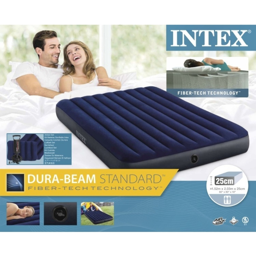 Матрас надувной Intex, 203х152х25 см, 64765, насос внешн, ручн, флок, с подушками, 273 кг