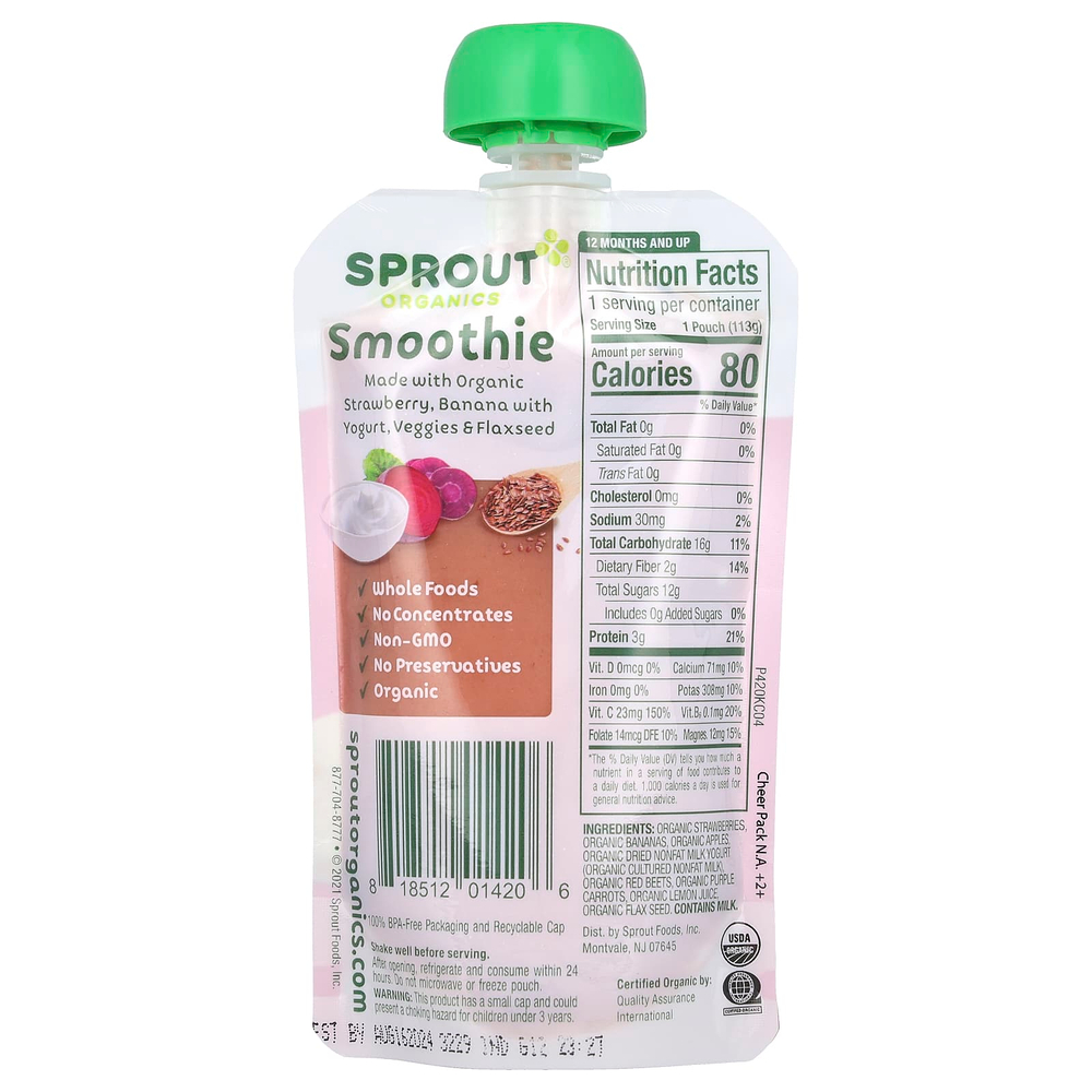 Sprout Organics, детское питание, смузи, от 12 месяцев и старше, клубника и банан с йогуртом, овощи и семена льна, 113 г (4 унции)