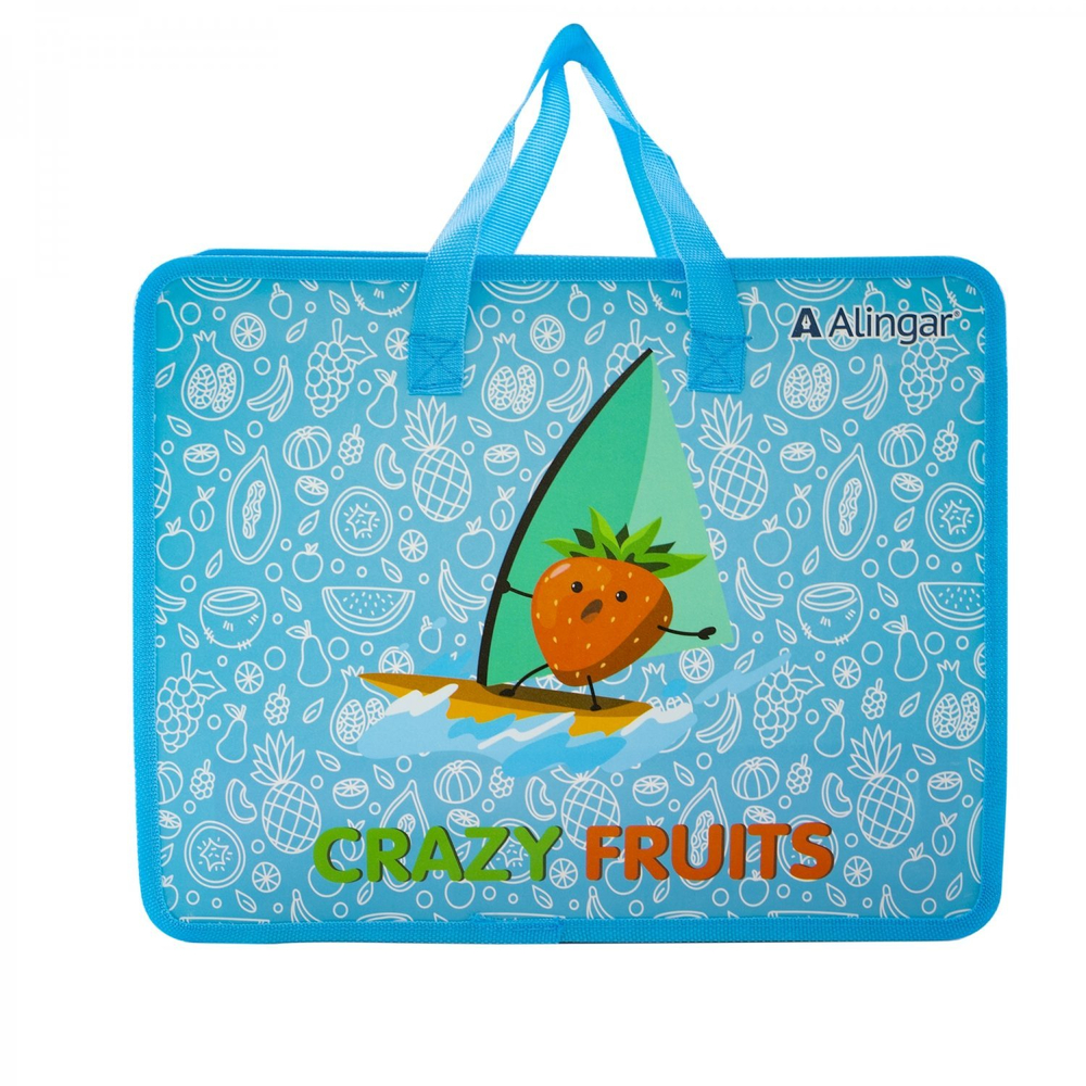 Папка с ручками 1 отделение, А4 265х335х90мм, Alingar, пластик, ручки тесьма, дизайн с двух сторон, молния сверху, "Crazy фрукты"