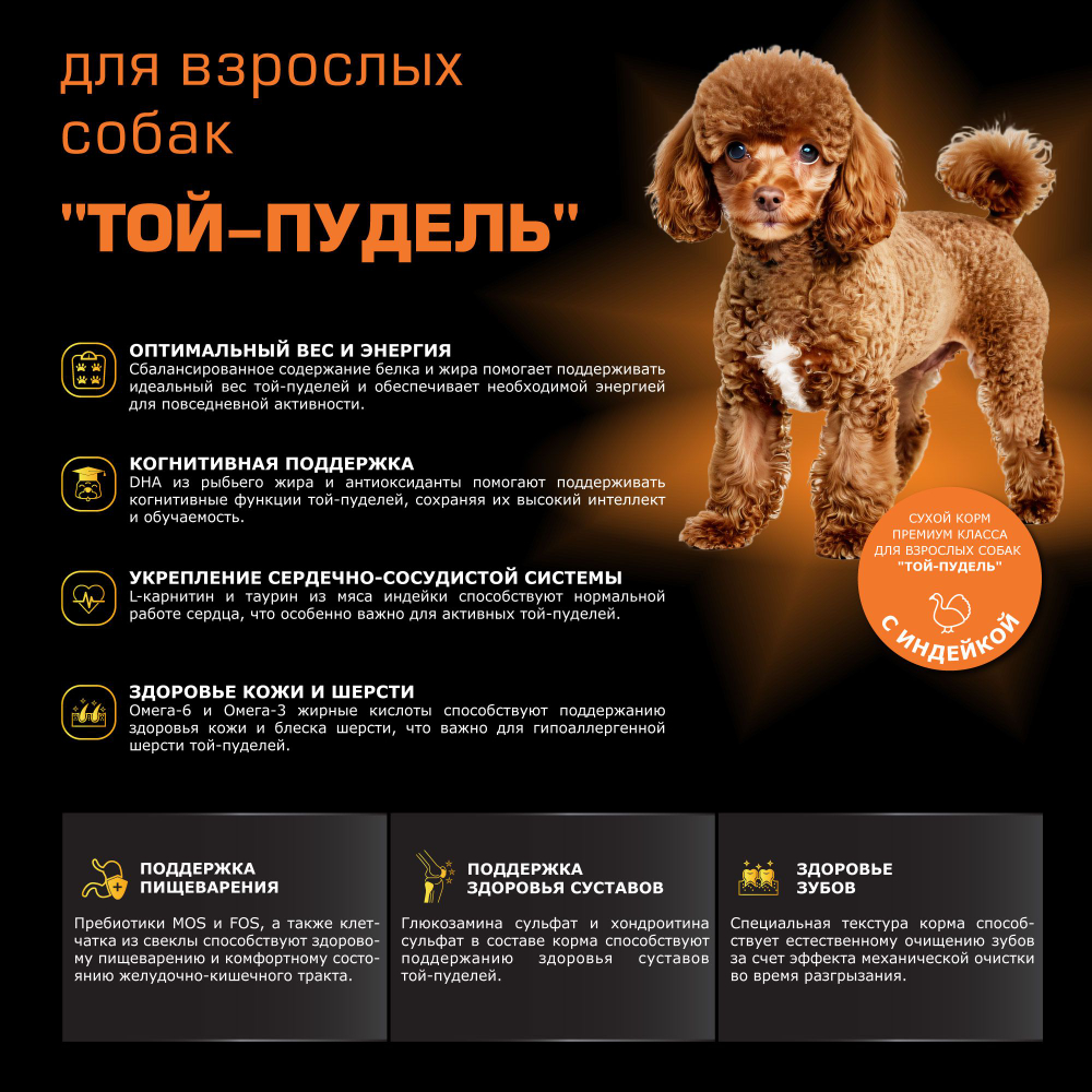 Корм сухой для взрослых собак породы Той-пудель, с индейкой, 800 гр, QUATTRO