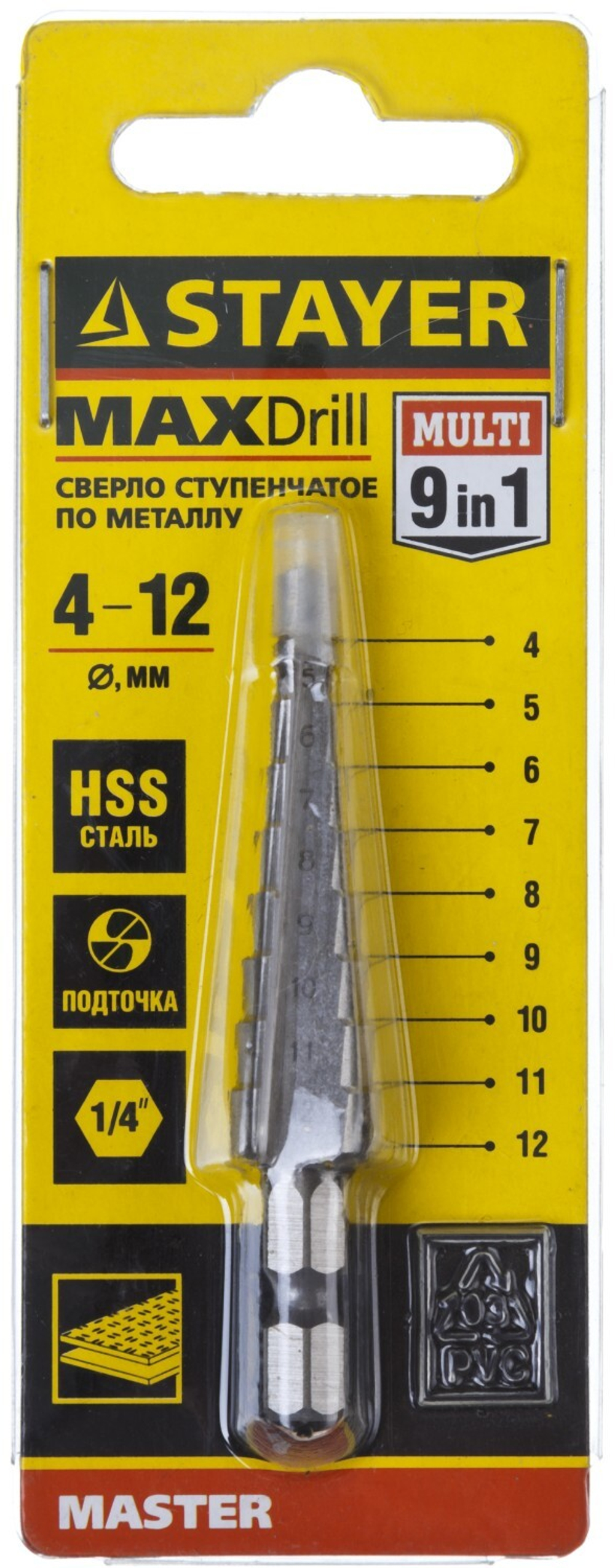 STAYER 4-12 мм, 9 ступеней, сталь HSS, ступенчатое сверло (29660-4-12-9)