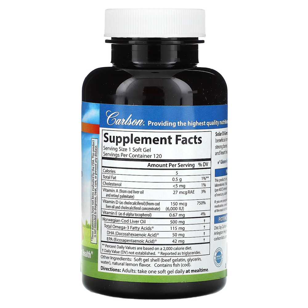 Carlson, Solar D Gems®, витамин D3 и омега-3, натуральный лимон, 120 мягких таблеток
