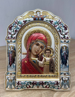 Казанская БМ, икона арочная с рамкой под стеклом, белое дерево, эмаль 266х335