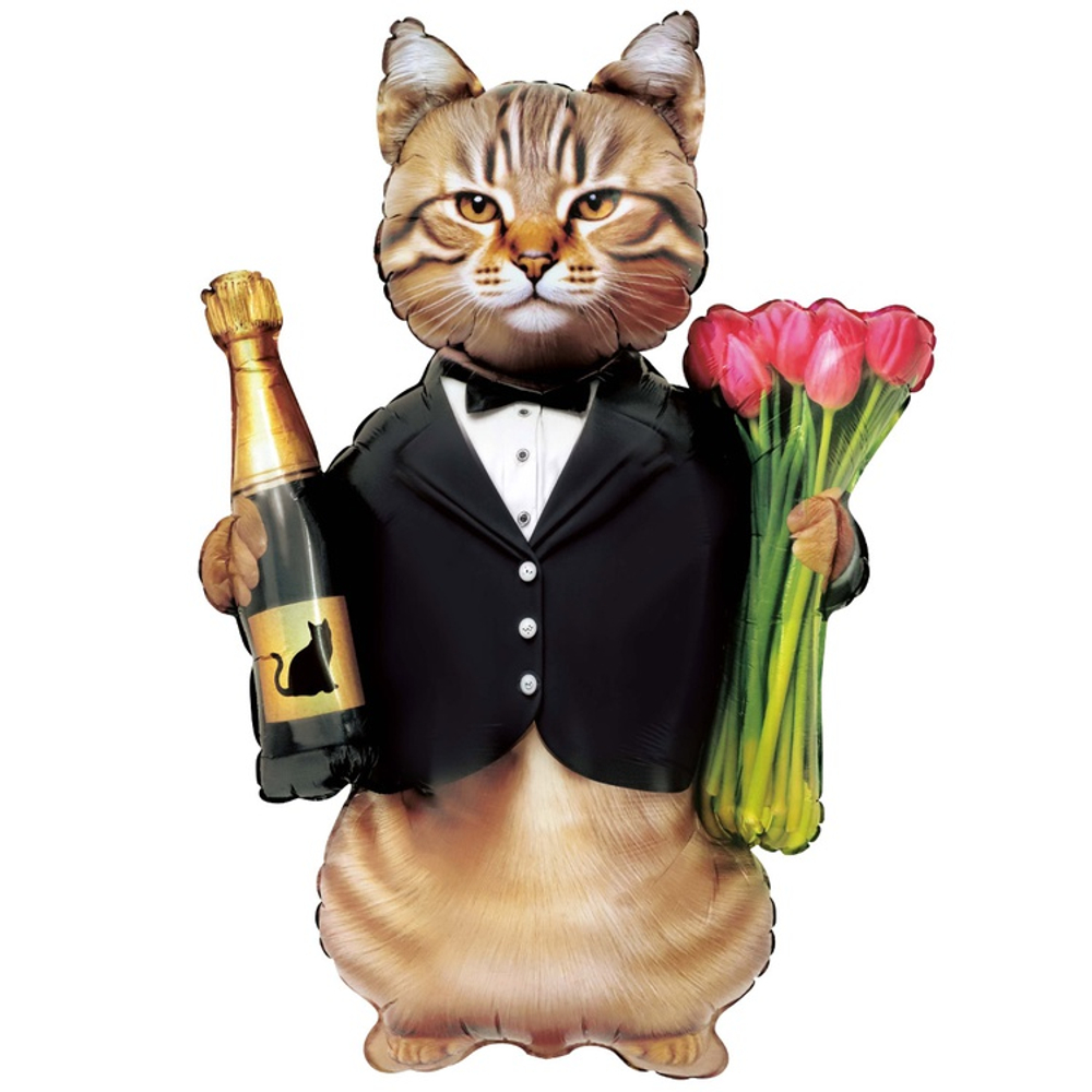 Шар Фольгированный Кот с тюльпанами и шампанским (Ассорти)
