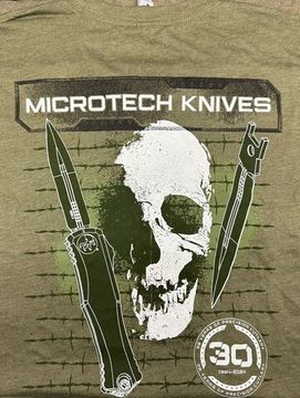 Футболка мужская, зеленая юбилейная 30лет,перед-лого Microtech,спина-череп и нож с лого, размер L
