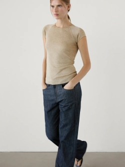 Massimo Dutti Футболка с рукавами реглан и блестящей окантовкой, золотистый