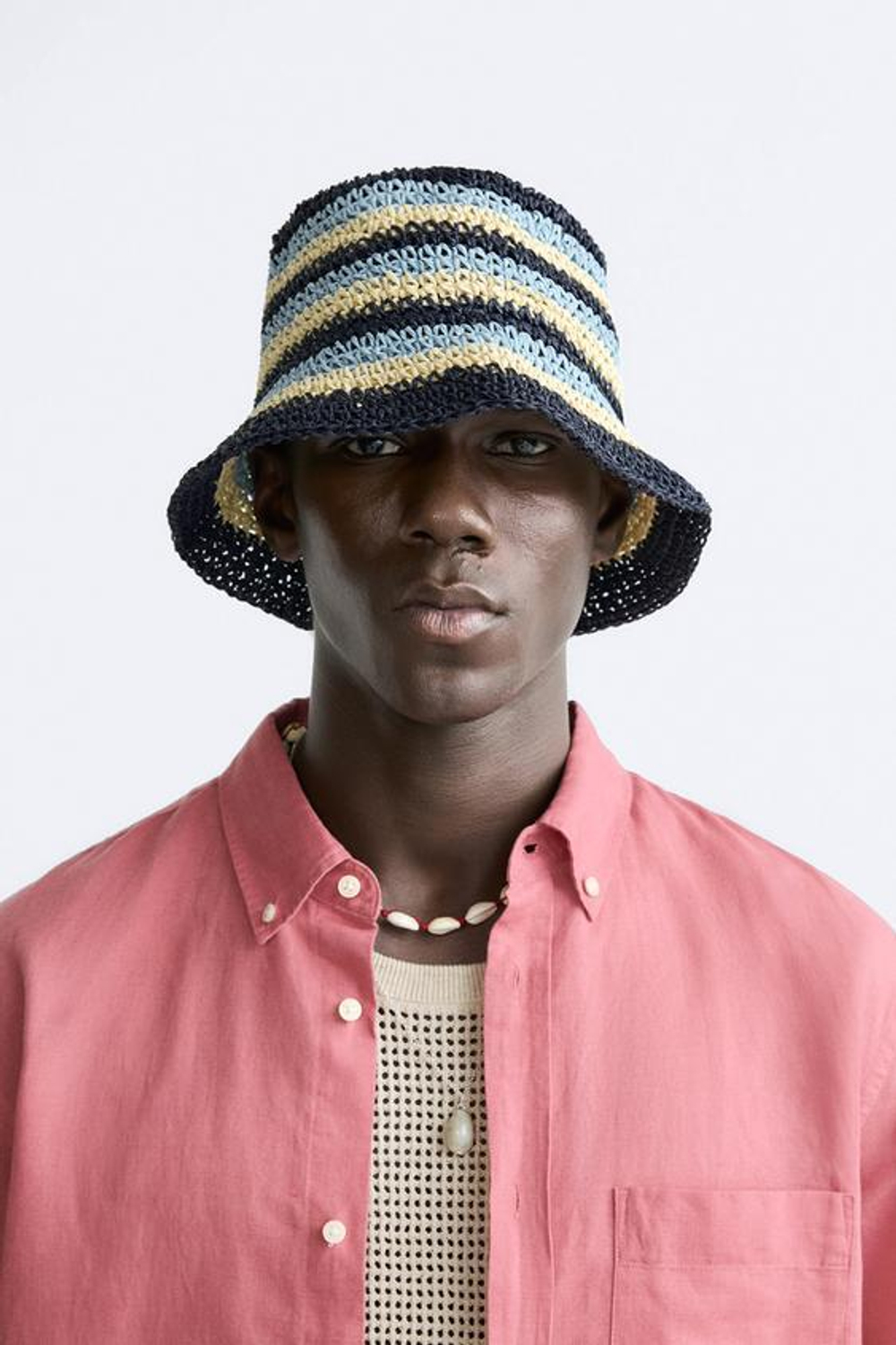 ZARA ШЛЯПА ИЗ КРУЖЕВА КРОШЕ В ПОЛОСКУ, МОРСКОЙ СИНИЙ