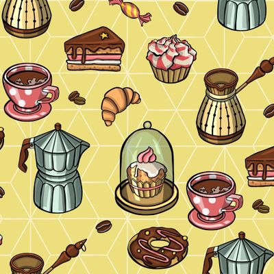 Pattern with cup of coffee, croissants ornament illustration