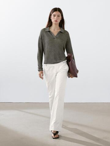 Massimo Dutti Свитер из 100% льна с воротником поло, бутылочный