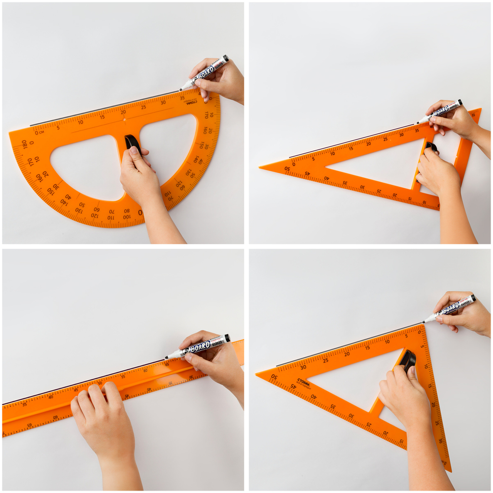 Набор для школьной доски СТАММ (линейка 100см, треугольник 30°, треугольник 45°, транспортир, циркуль), пластик, желтый, коробка