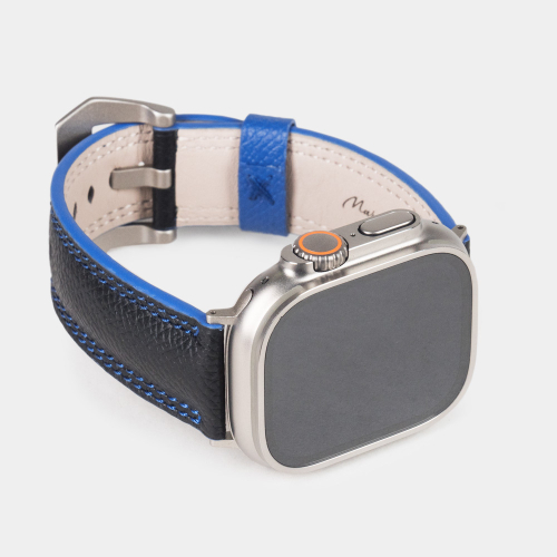 Ремешок для Apple Watch Ultra 49mm из кожи черного цвета Saffiano с синей строчкой