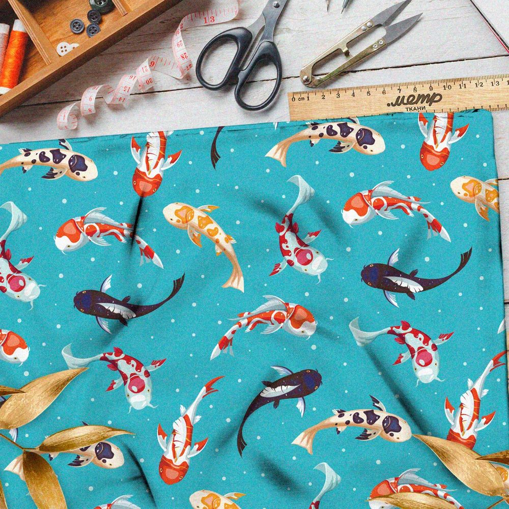 Ткань ниагара японские карпы на бирюзовом фоне