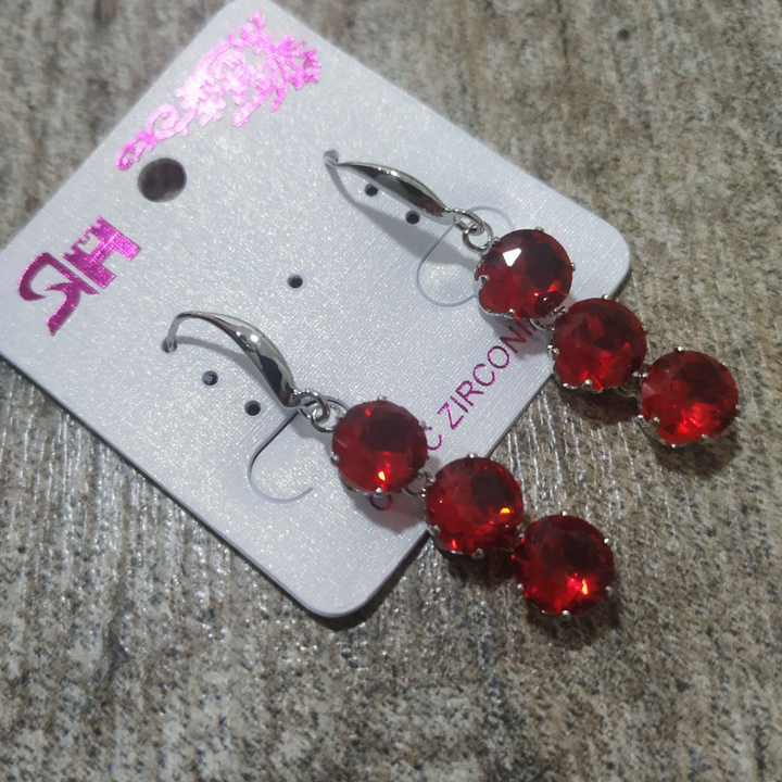 Серьги-петли Cubic Zirconia подвеска 3 круга цвет красный металл серебристый
