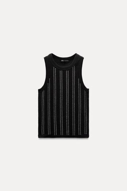 ZARA ФУТБОЛКА В РУБЧИК СО СТРАЗАМИ, ЧЕРНЫЙ