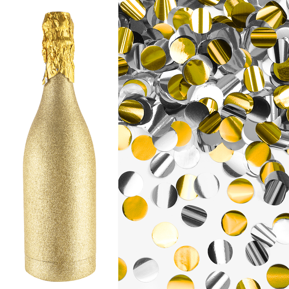 Пневмохлопушка (12/30 см), Бутылка Шампанское, Круги фольга, Золото/Серебро, Металлик, 1 шт.