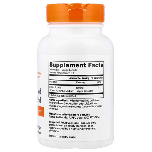 Doctor's Best, стабилизированная R-липоевая кислота, 100 мг, 180 растительных капсул
