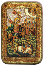 Инкрустированная икона Чудо великомученика Димитрия Солунского о царе Калояне 15х10см на натуральном дереве, в подарочной коробке