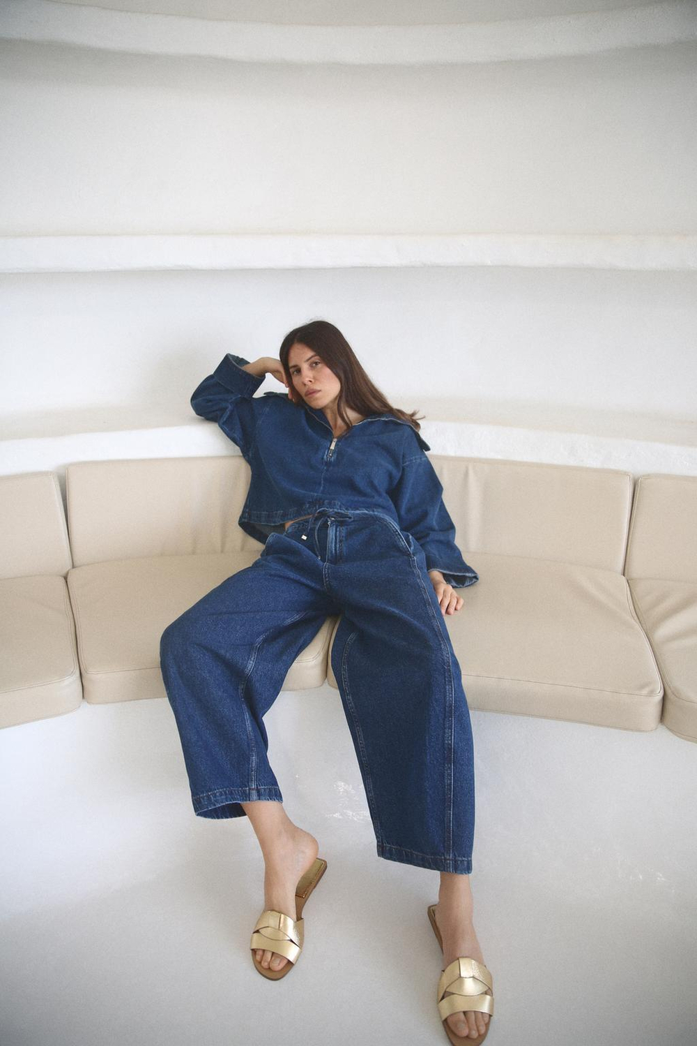 ZARA ДЖИНСЫ Z1975 С ВЫСОКОЙ ПОСАДКОЙ И ШНУРКАМИ, ВЫЦВЕТШИЙ СИНИЙ