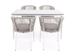 "Малага" обеденная группа на 4 персоны со стульями "Марсель", каркас белый, роуп бежевый