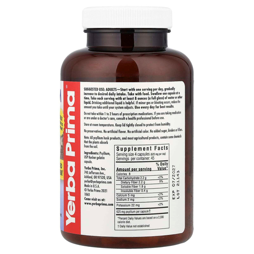 Yerba Prima, капсулы с шелухой семян подорожника, 180 капсул