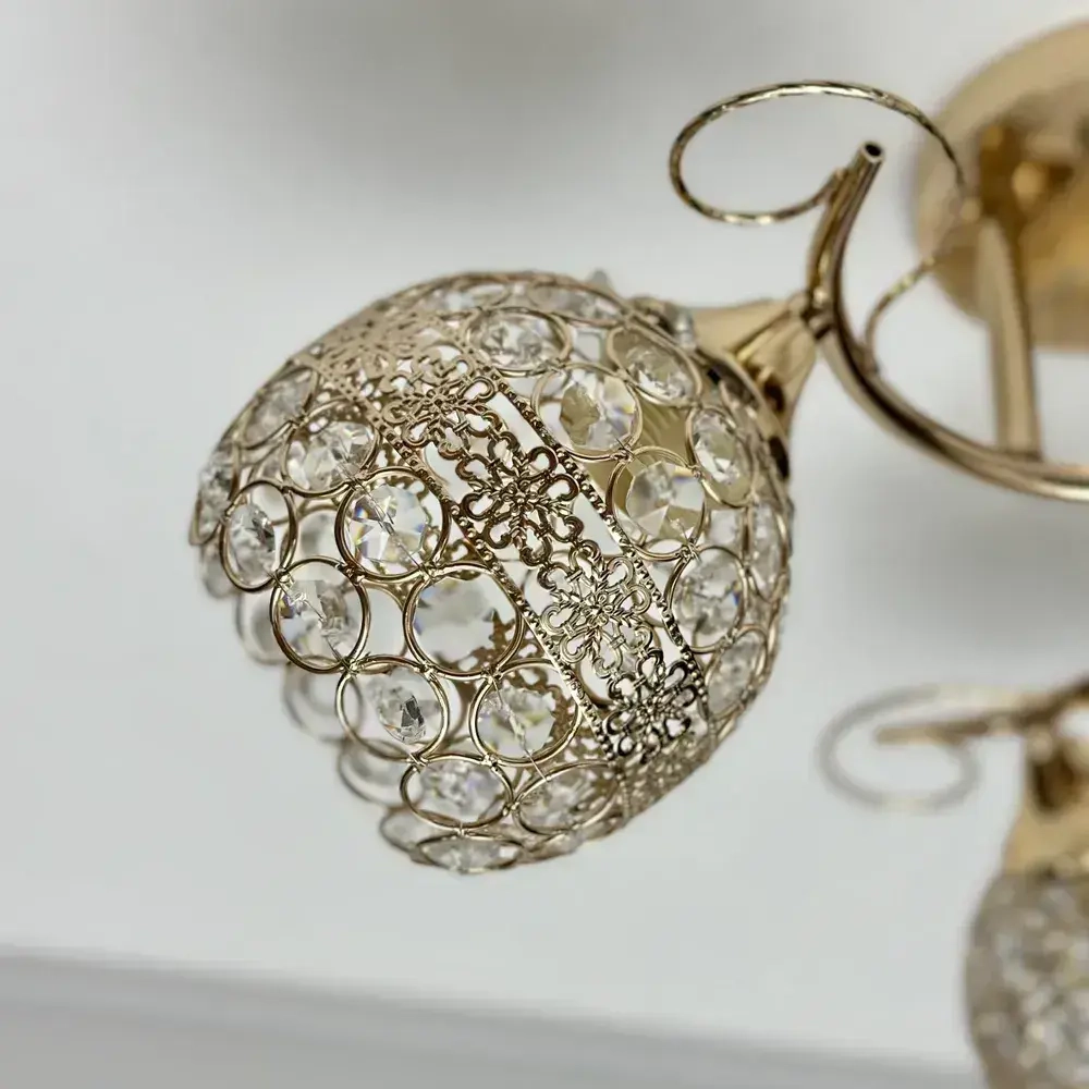 Люстра потолочная с лампочками, с хрусталем, на кухню, золотая, E27