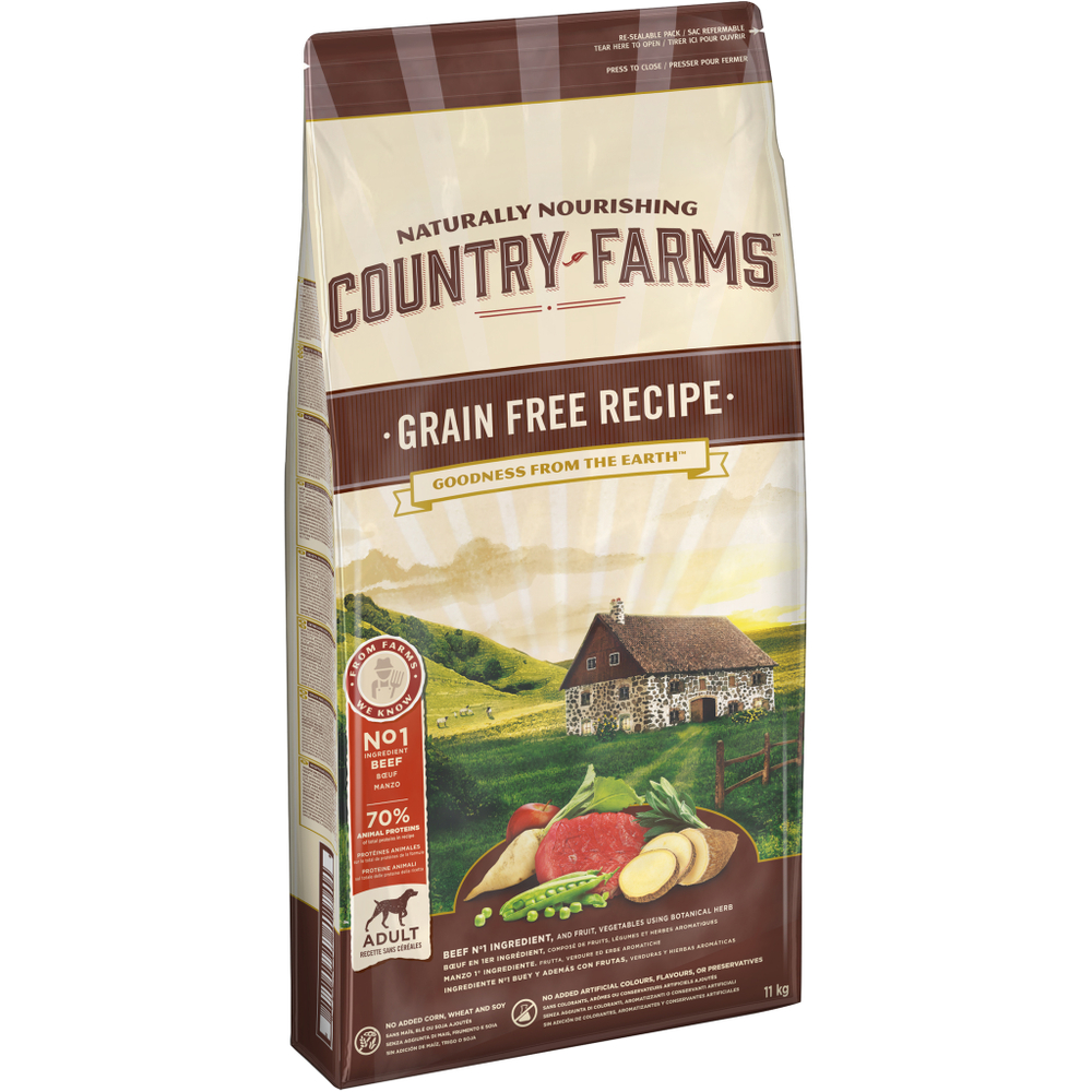 COUNTRY FARMS 11 кг беззерновой сухой корм полнорационный для взрослых собак с высоким содержанием говядины