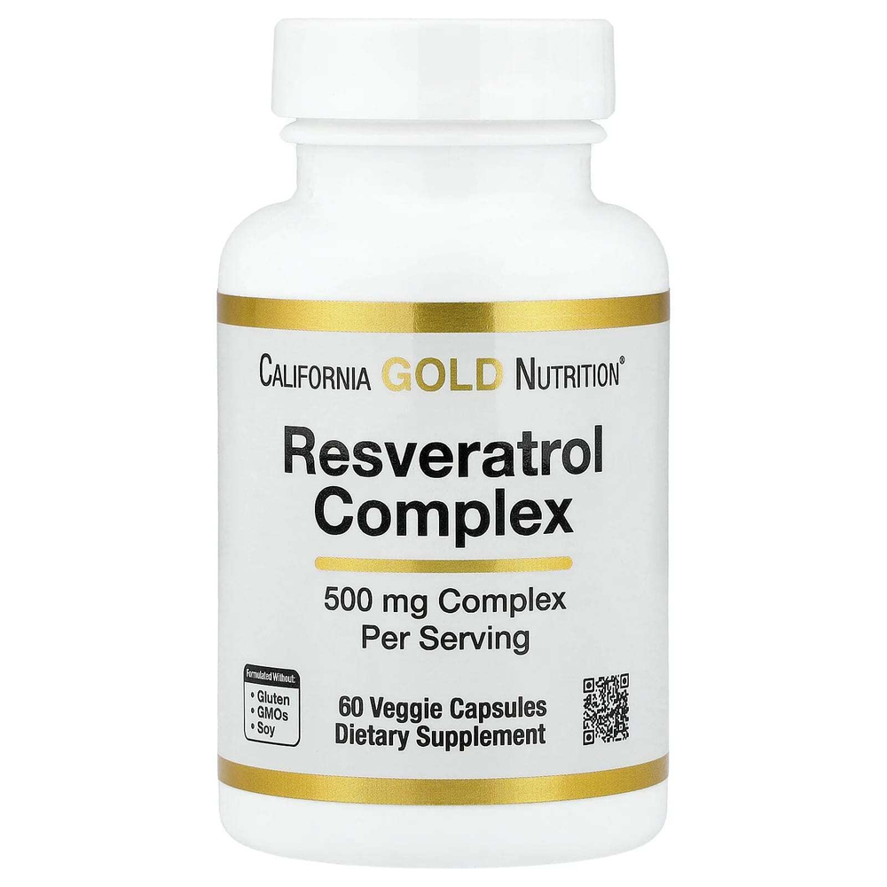 California Gold Nutrition, комплекс ресвератрола с экстрактом виноградных косточек, экстрактом красного вина и транс-ресвератролом, 60 растительных капсул