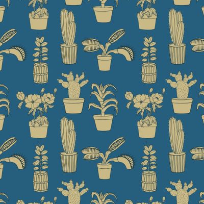 Seamless pattern of flowerpots, cacti in pots.