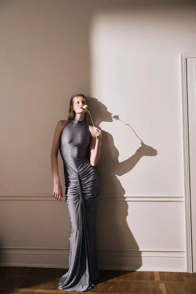 Ivy maxi, платье макси из шоколадного бифлекса со стразами