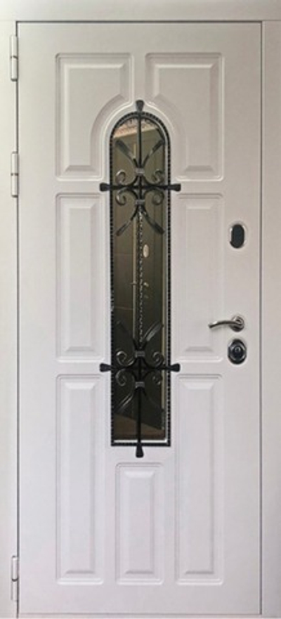 Белая металлическая входная дверь со стеклом и ковкой - 1085