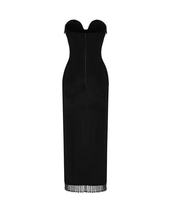 Платье макси из бархата с бахромой