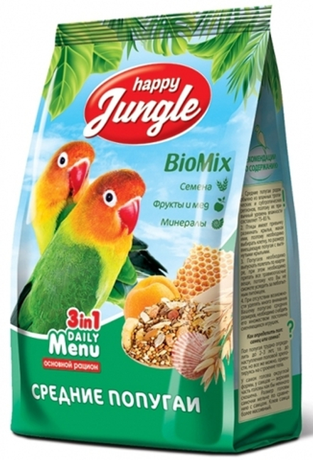 Корм Happy Jungl 3 в 1 BioMix для средних попугаев, 500 г