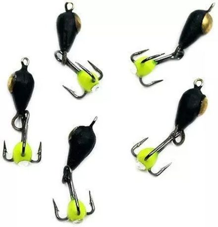 Мормышка вольф. безнасадочная "ЯМАН" Дьявол с медной коронкой и подвесным тройником, d-5 мм, вес 1,9 г, капля с глазком, цв. флуор. желтый