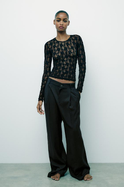 ZARA КРУЖЕВНОЙ ТОП, ЧЕРНЫЙ