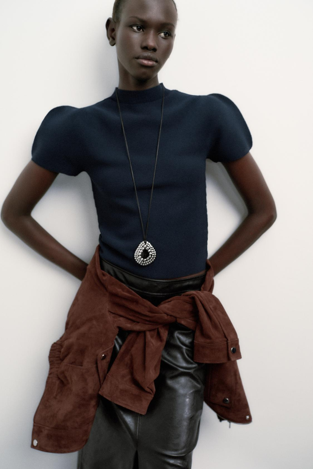 ZARA ТОП ТРИКОТАЖНЫЙ С РУКАВАМИ-БУФАМИ, МОРСКОЙ СИНИЙ