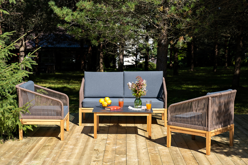 "Канны" лаунж-зона 4-местная из роупа со столиком "Канны" (серый гранит), основание дуб, роуп коричневый